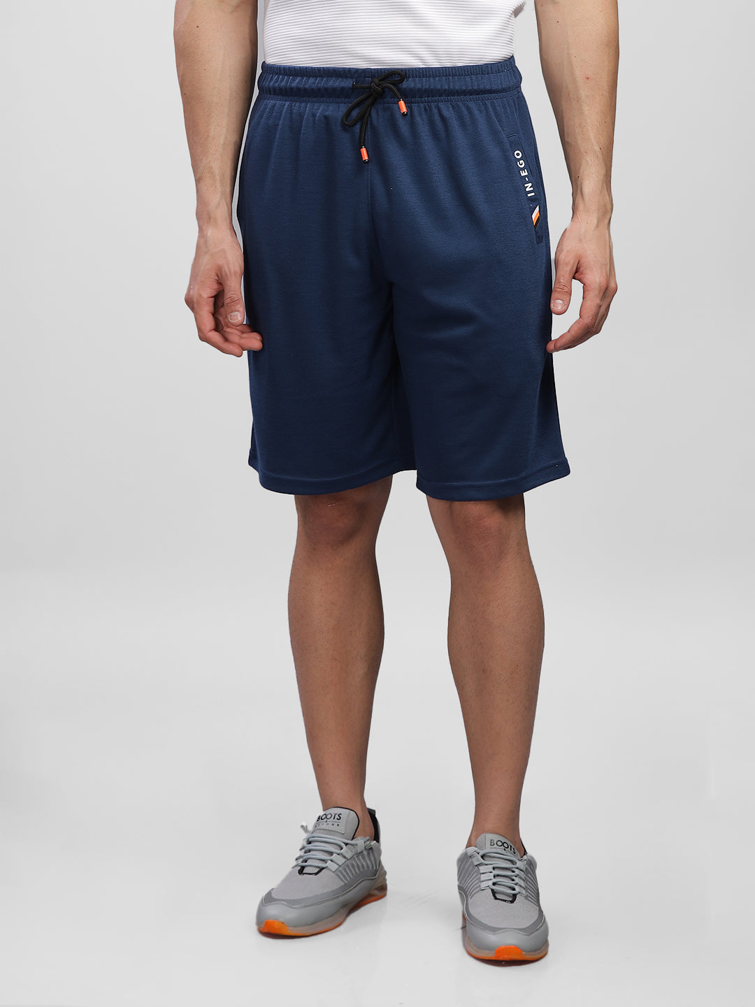 INEGO Men Knitted Dark Grey Casual Shorts P-Knit Fabric HD Logo Print Welt Pockets Regular Fit 100% Spun Polyester (Dark Grey, Grey Melange, Maroon, Navy, Black) Inego #color_Navy