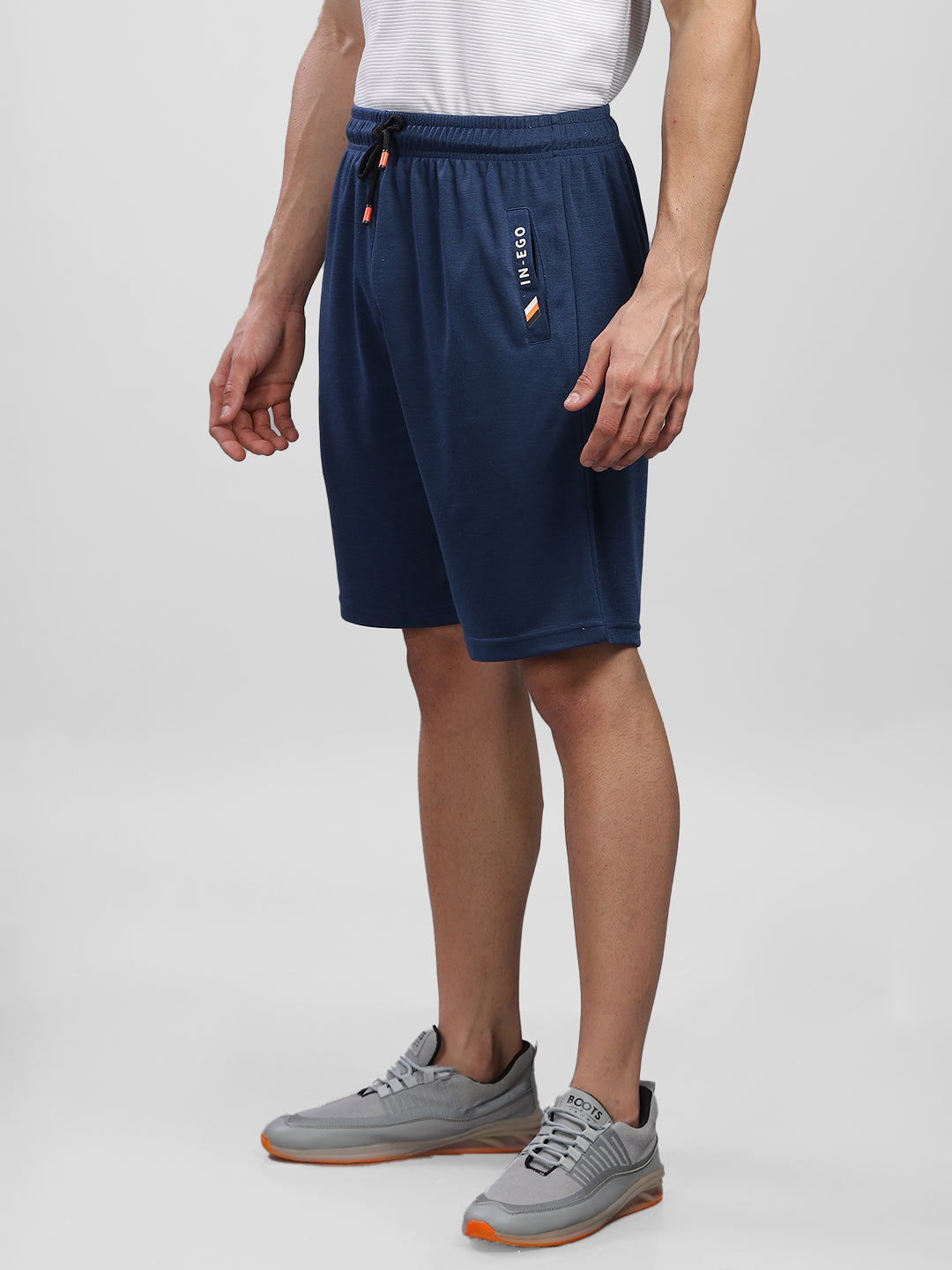 INEGO Men Knitted Dark Grey Casual Shorts P-Knit Fabric HD Logo Print Welt Pockets Regular Fit 100% Spun Polyester (Dark Grey, Grey Melange, Maroon, Navy, Black) Inego #color_Navy
