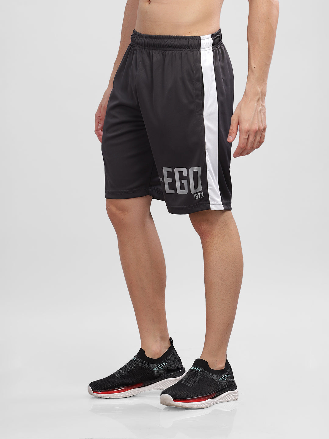 INEGO Men Casual Stretch Shorts Luxury Polyester Interlock Fabric HD Reflective Print Regular Fit Dark Grey Typographic Print Size M (Dark Grey, Grey Melange, Maroon, Navy, Black) Inego #color_Charcoal