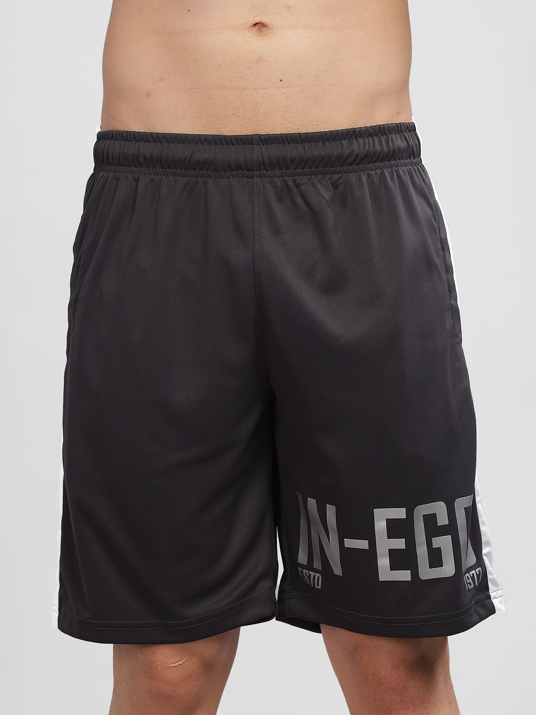 INEGO Men Casual Stretch Shorts Luxury Polyester Interlock Fabric HD Reflective Print Regular Fit Dark Grey Typographic Print Size M (Dark Grey, Grey Melange, Maroon, Navy, Black) Inego #color_Charcoal