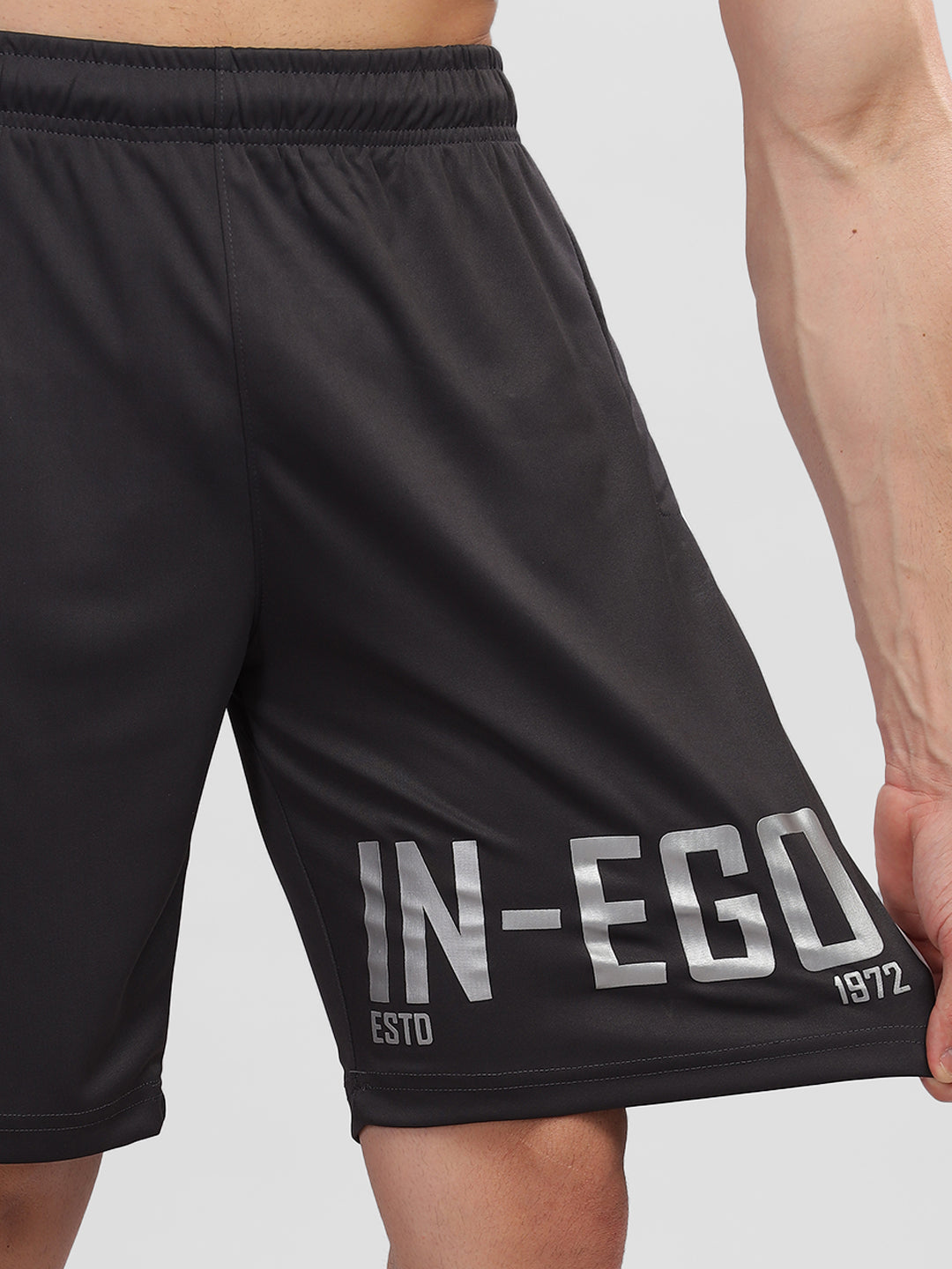INEGO Men Casual Stretch Shorts Luxury Polyester Interlock Fabric HD Reflective Print Regular Fit Dark Grey Typographic Print Size M (Dark Grey, Grey Melange, Maroon, Navy, Black) Inego #color_Charcoal