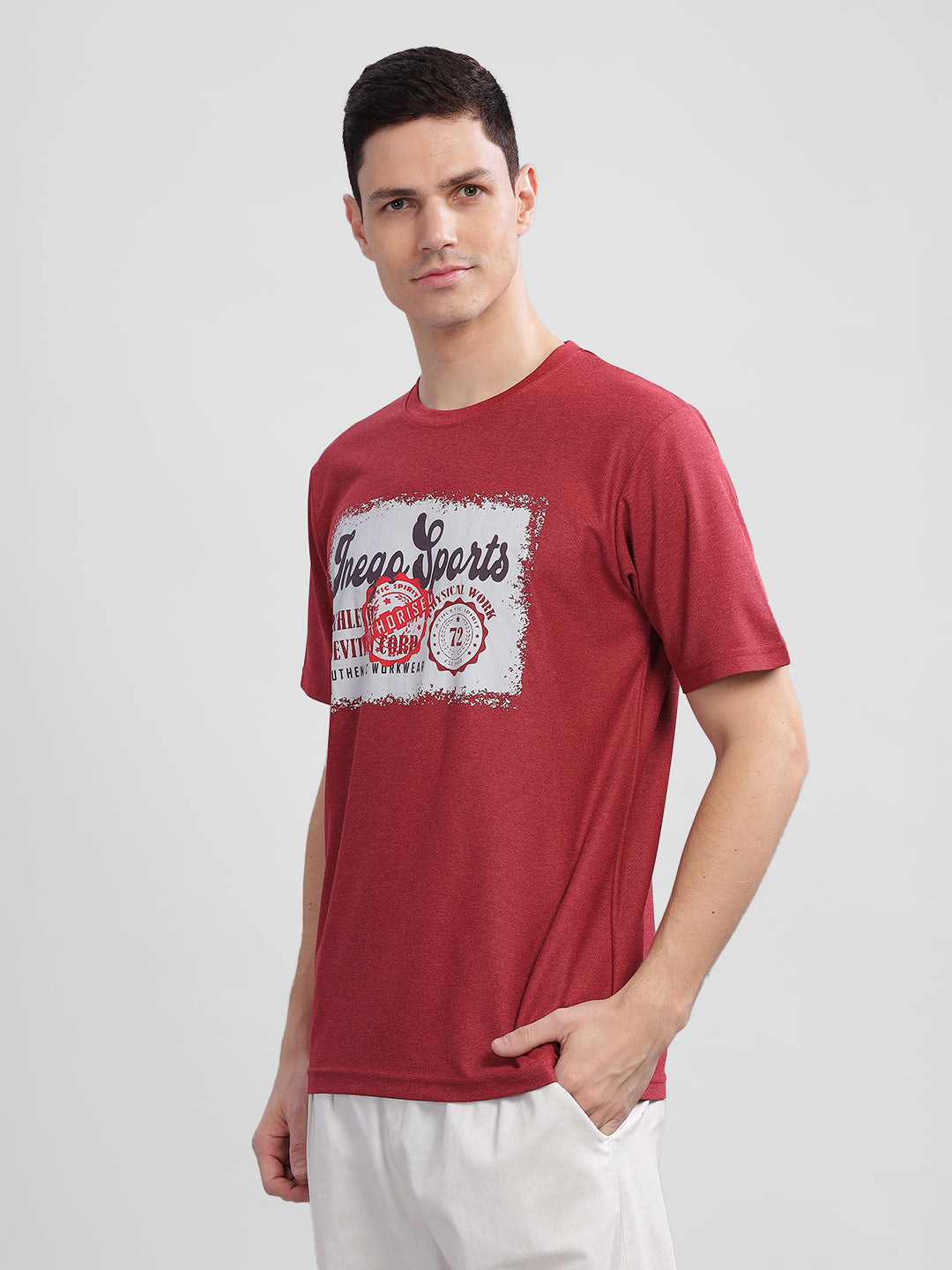 Inego Men Printed Melange T Shirt Half Sleeve Graphic Print Round Neck 100% Melange Polyester Regular Fit (Beet Red, Lint, Orion Blue, Peach Wood, Toast Almond) Inego #color_Maroon