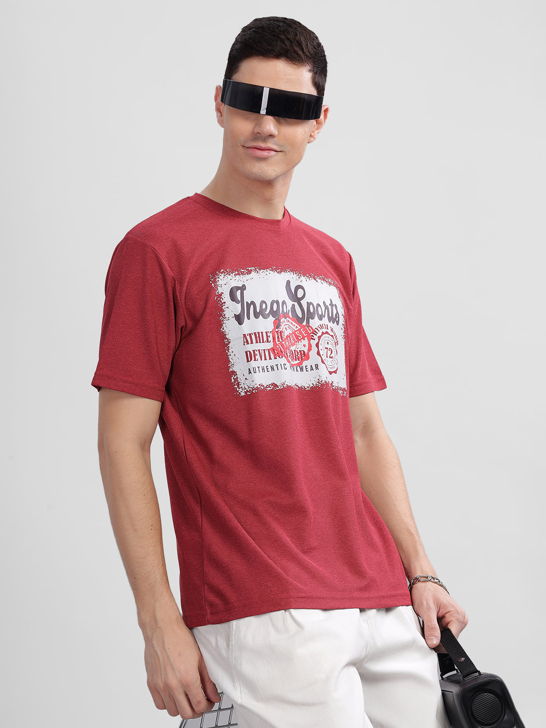 Inego Men Printed Melange T Shirt Half Sleeve Graphic Print Round Neck 100% Melange Polyester Regular Fit (Beet Red, Lint, Orion Blue, Peach Wood, Toast Almond) Inego #color_Maroon
