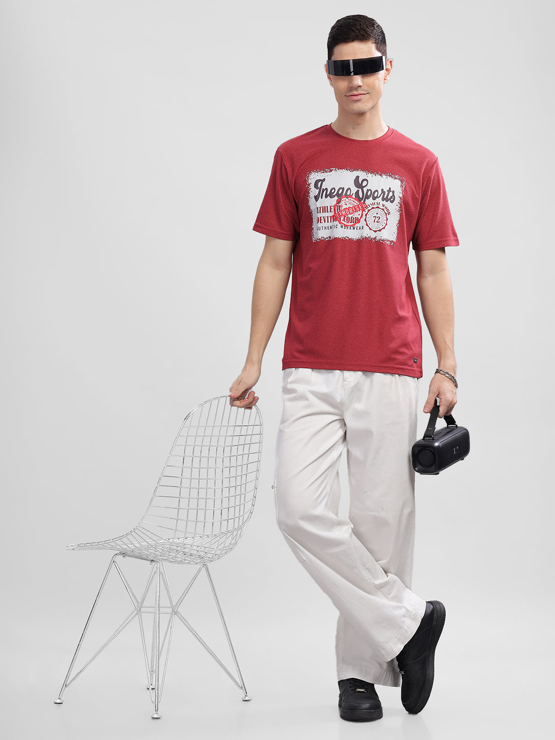 Inego Men Printed Melange T Shirt Half Sleeve Graphic Print Round Neck 100% Melange Polyester Regular Fit (Beet Red, Lint, Orion Blue, Peach Wood, Toast Almond) Inego #color_Maroon