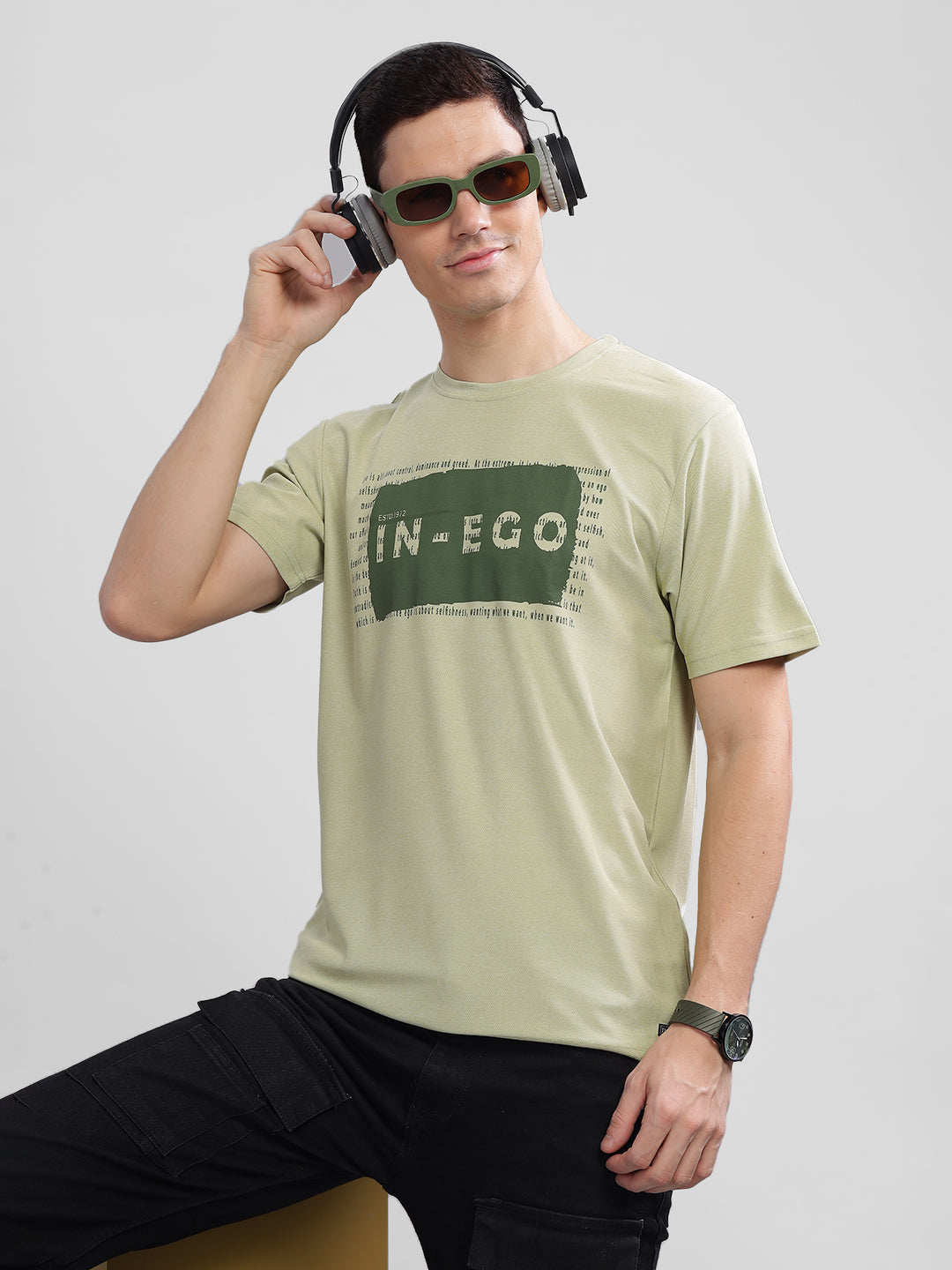 Inego Men Printed Melange T Shirt Half Sleeve Graphic Print Round Neck 100% Melange Polyester Regular Fit (Beet Red, Lint, Orion Blue, Peach Wood, Toast Almond) Inego #color_Green