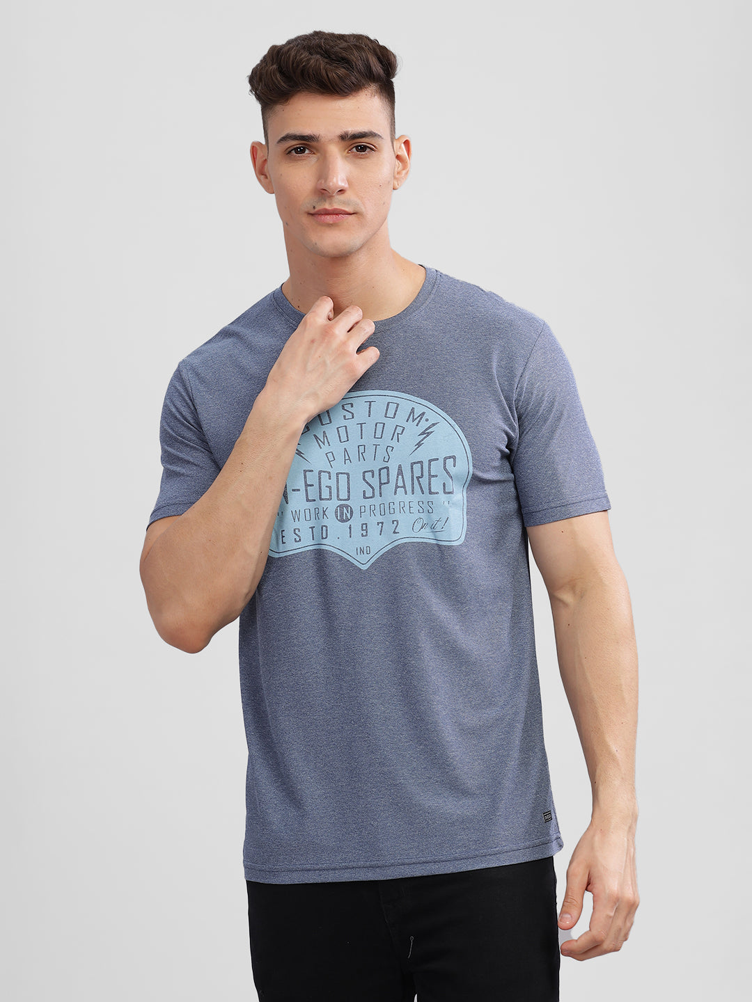 Inego Men Printed Melange T Shirt Half Sleeve Graphic Print Round Neck 100% Melange Polyester Regular Fit (Beet Red, Lint, Orion Blue, Peach Wood, Toast Almond) Inego #color_Blue