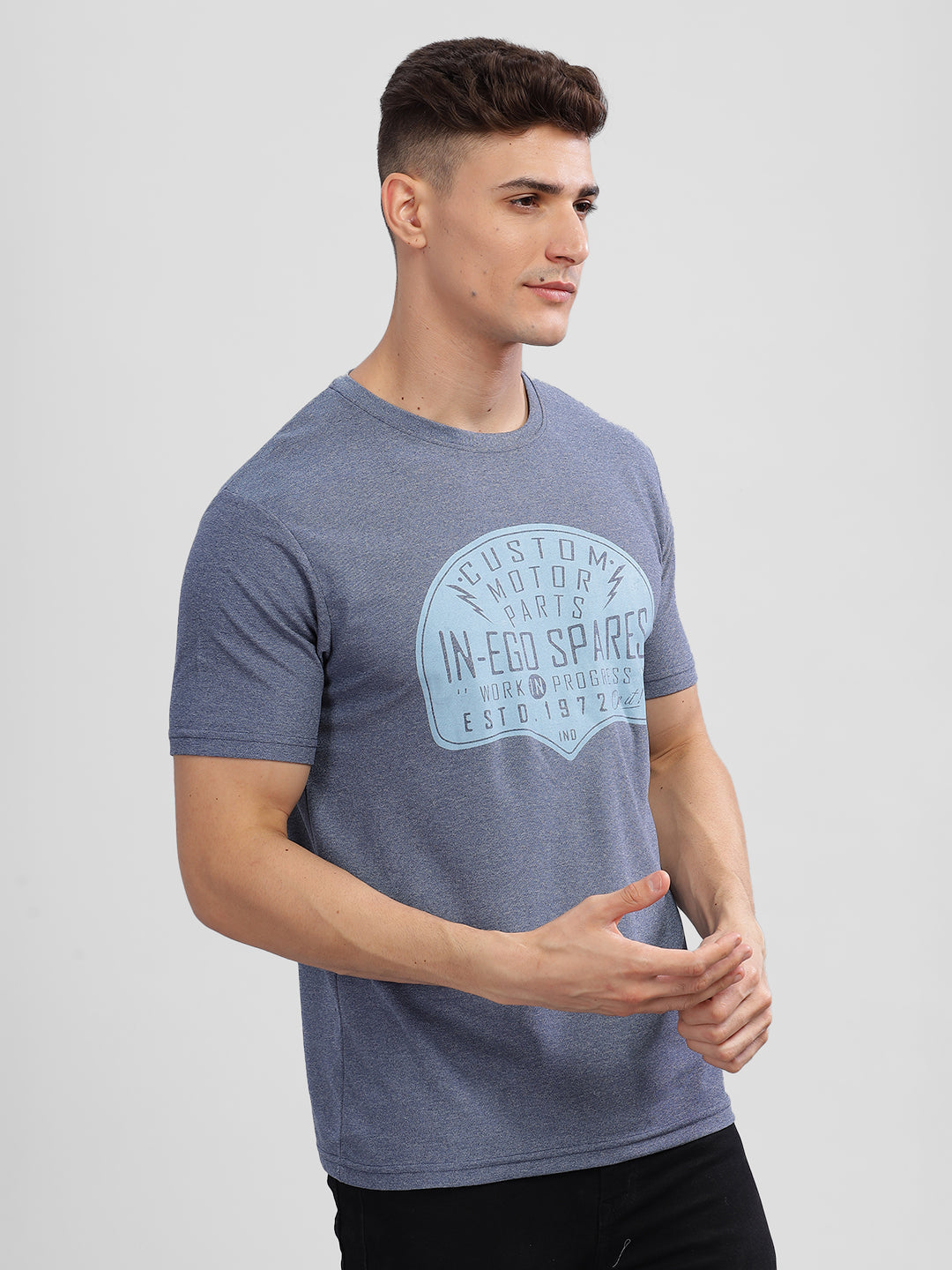Inego Men Printed Melange T Shirt Half Sleeve Graphic Print Round Neck 100% Melange Polyester Regular Fit (Beet Red, Lint, Orion Blue, Peach Wood, Toast Almond) Inego #color_Blue