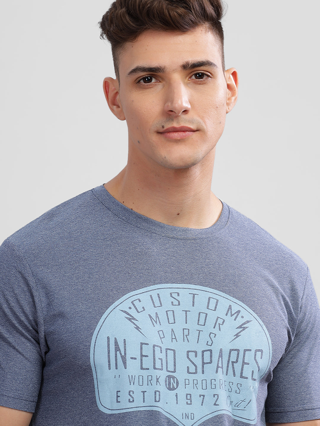 Inego Men Printed Melange T Shirt Half Sleeve Graphic Print Round Neck 100% Melange Polyester Regular Fit (Beet Red, Lint, Orion Blue, Peach Wood, Toast Almond) Inego #color_Blue