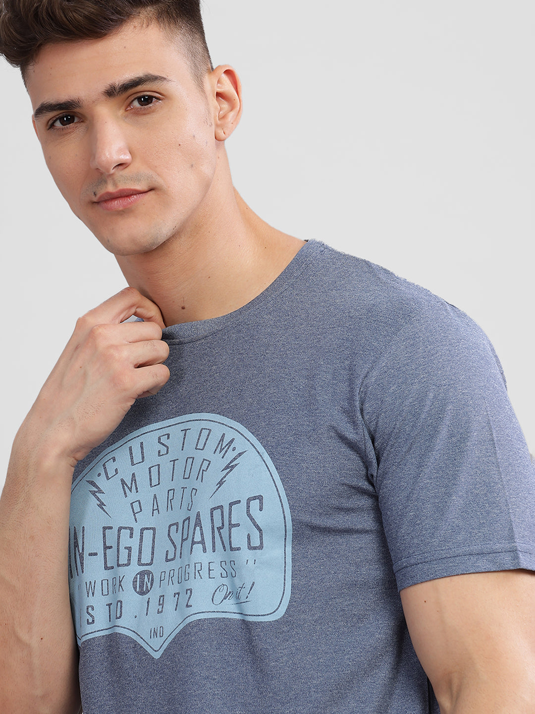 Inego Men Printed Melange T Shirt Half Sleeve Graphic Print Round Neck 100% Melange Polyester Regular Fit (Beet Red, Lint, Orion Blue, Peach Wood, Toast Almond) Inego #color_Blue