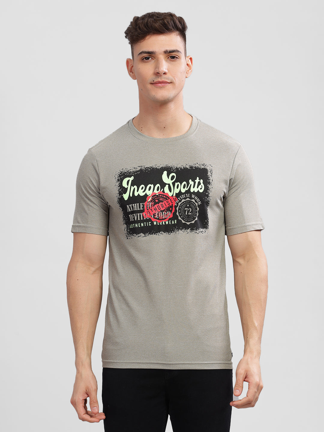 Inego Men Printed Melange T Shirt Half Sleeve Graphic Print Round Neck 100% Melange Polyester Regular Fit (Beet Red, Lint, Orion Blue, Peach Wood, Toast Almond) Inego #color_Grey