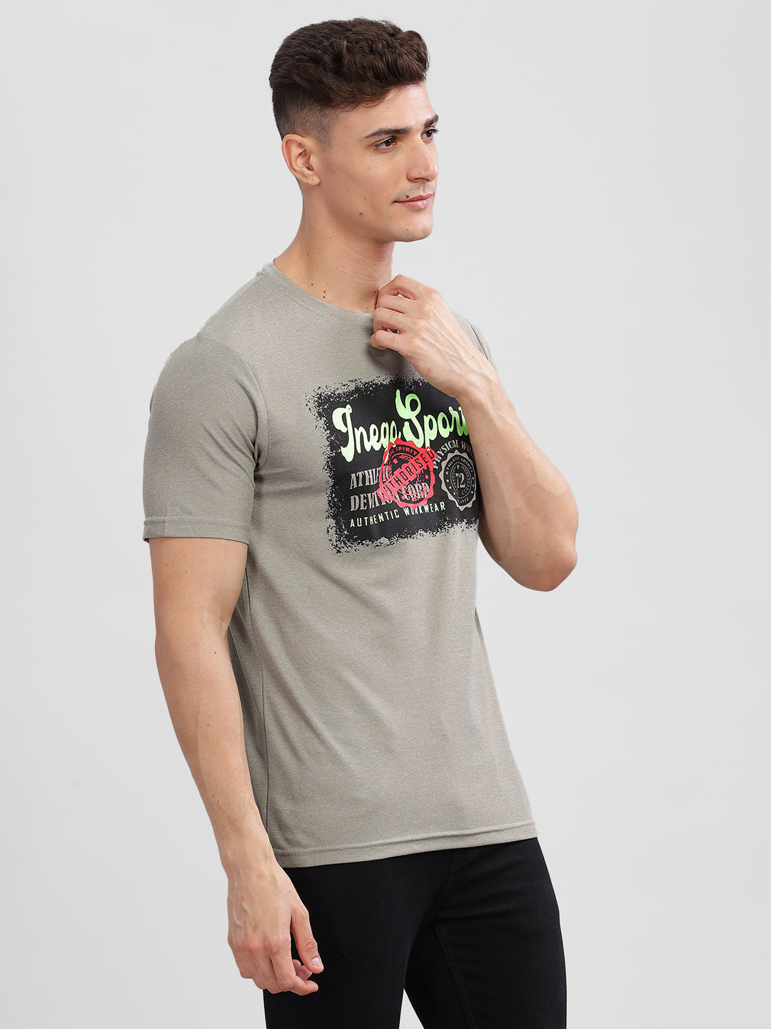 Inego Men Printed Melange T Shirt Half Sleeve Graphic Print Round Neck 100% Melange Polyester Regular Fit (Beet Red, Lint, Orion Blue, Peach Wood, Toast Almond) Inego #color_Grey