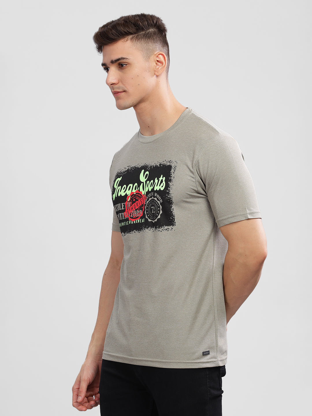 Inego Men Printed Melange T Shirt Half Sleeve Graphic Print Round Neck 100% Melange Polyester Regular Fit (Beet Red, Lint, Orion Blue, Peach Wood, Toast Almond) Inego #color_Grey