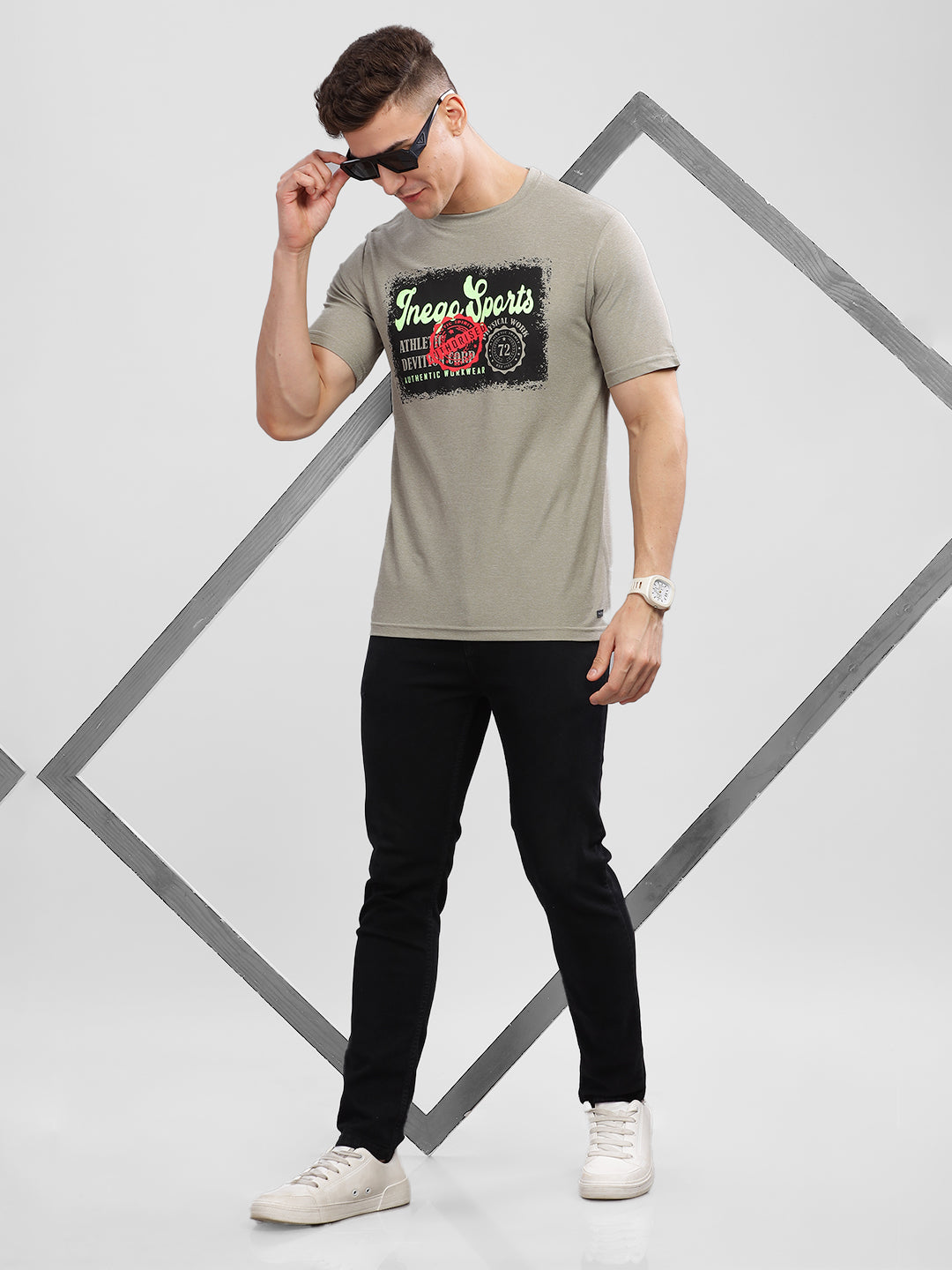 Inego Men Printed Melange T Shirt Half Sleeve Graphic Print Round Neck 100% Melange Polyester Regular Fit (Beet Red, Lint, Orion Blue, Peach Wood, Toast Almond) Inego #color_Grey