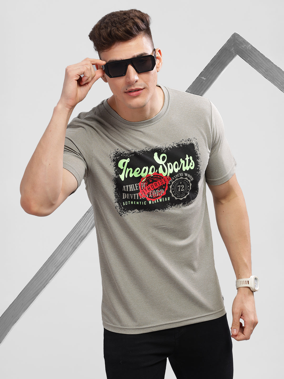 Inego Men Printed Melange T Shirt Half Sleeve Graphic Print Round Neck 100% Melange Polyester Regular Fit (Beet Red, Lint, Orion Blue, Peach Wood, Toast Almond) Inego #color_Grey