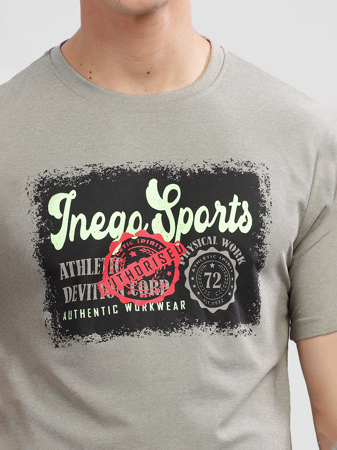 Inego Men Printed Melange T Shirt Half Sleeve Graphic Print Round Neck 100% Melange Polyester Regular Fit (Beet Red, Lint, Orion Blue, Peach Wood, Toast Almond) Inego #color_Grey