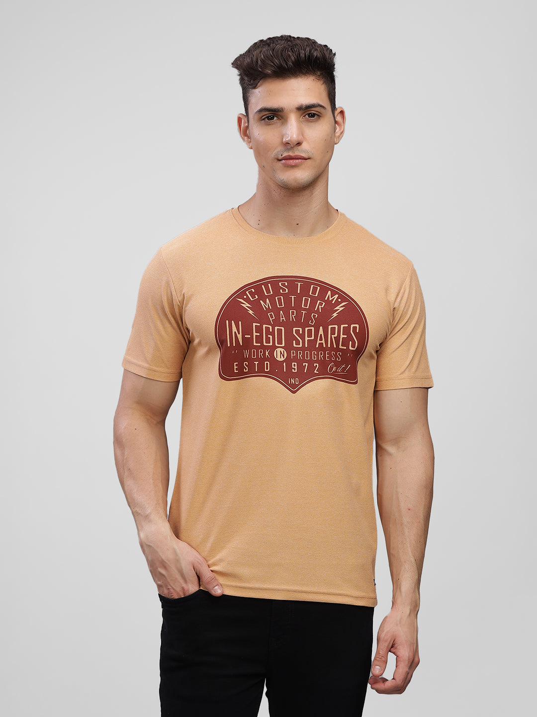 Inego Men Printed Melange T Shirt Half Sleeve Graphic Print Round Neck 100% Melange Polyester Regular Fit (Beet Red, Lint, Orion Blue, Peach Wood, Toast Almond) Inego #color_Peach