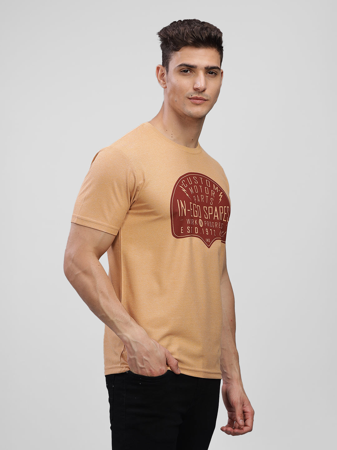 Inego Men Printed Melange T Shirt Half Sleeve Graphic Print Round Neck 100% Melange Polyester Regular Fit (Beet Red, Lint, Orion Blue, Peach Wood, Toast Almond) Inego #color_Peach