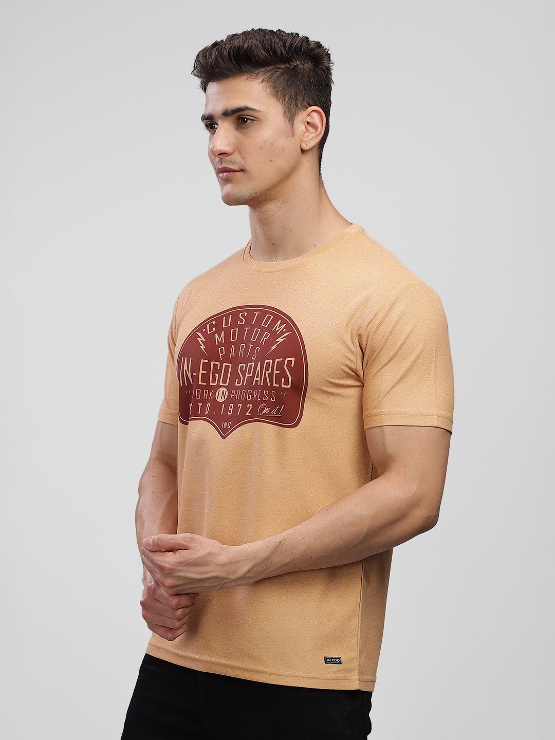 Inego Men Printed Melange T Shirt Half Sleeve Graphic Print Round Neck 100% Melange Polyester Regular Fit (Beet Red, Lint, Orion Blue, Peach Wood, Toast Almond) Inego #color_Peach