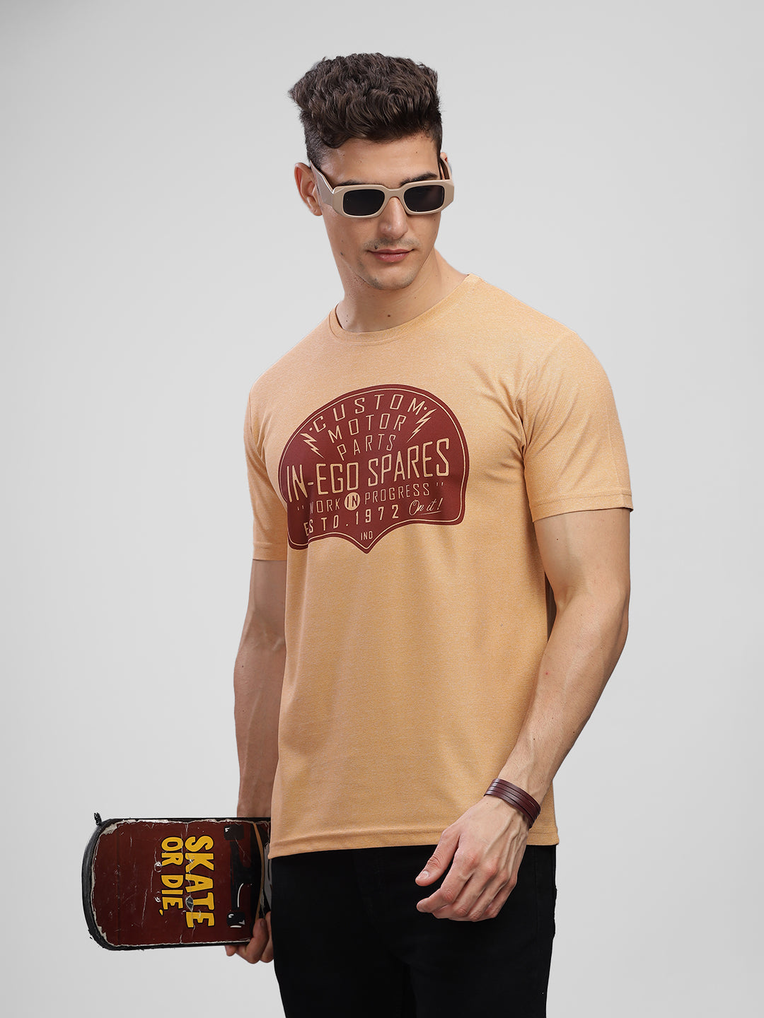 Inego Men Printed Melange T Shirt Half Sleeve Graphic Print Round Neck 100% Melange Polyester Regular Fit (Beet Red, Lint, Orion Blue, Peach Wood, Toast Almond) Inego #color_Peach
