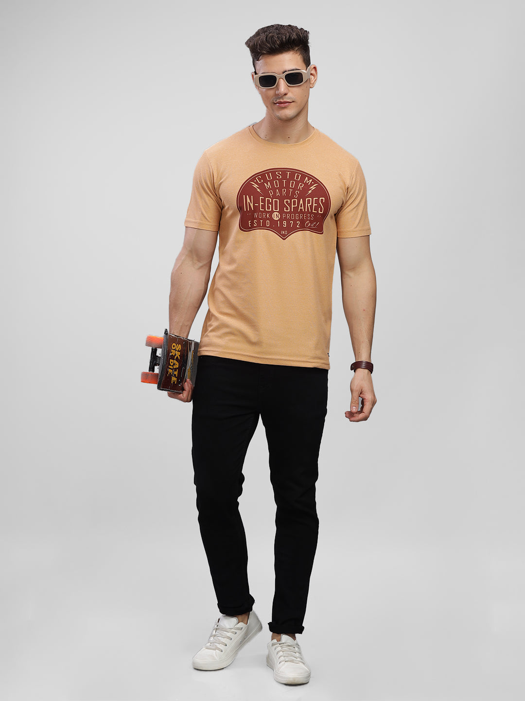 Inego Men Printed Melange T Shirt Half Sleeve Graphic Print Round Neck 100% Melange Polyester Regular Fit (Beet Red, Lint, Orion Blue, Peach Wood, Toast Almond) Inego #color_Peach