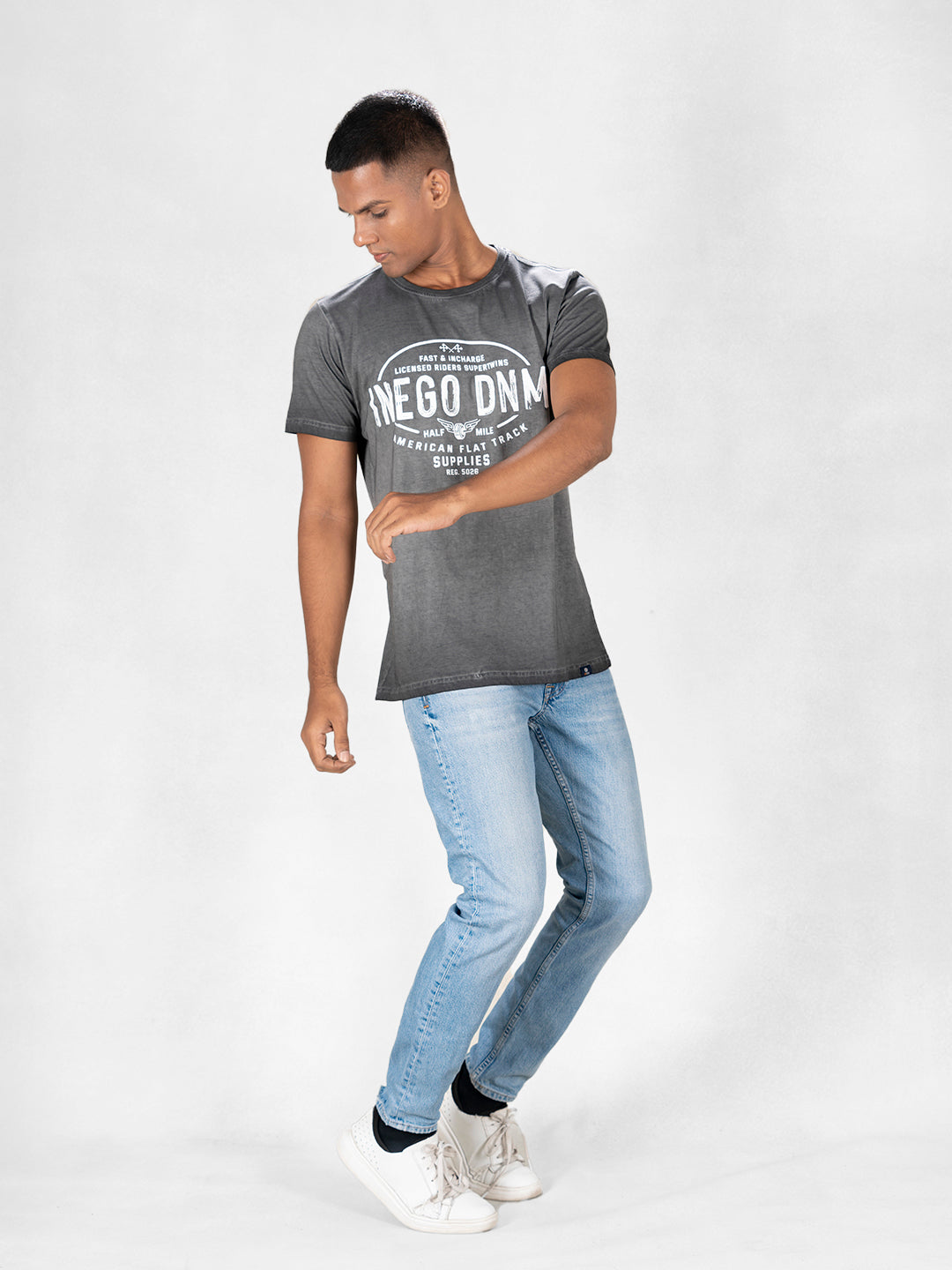 Inego Men Cold Pigment Dyed T Shirt Half Sleeve Hd Print Round Neck 100% Cotton Regular Fit (Black Sand, Imperial Blue, Midnight Navy, Mineral Yellow, Spice Red) Inego #color_Grey