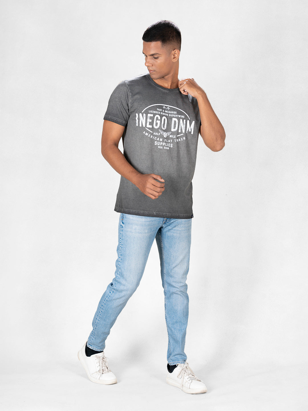 Inego Men Cold Pigment Dyed T Shirt Half Sleeve Hd Print Round Neck 100% Cotton Regular Fit (Black Sand, Imperial Blue, Midnight Navy, Mineral Yellow, Spice Red) Inego #color_Grey