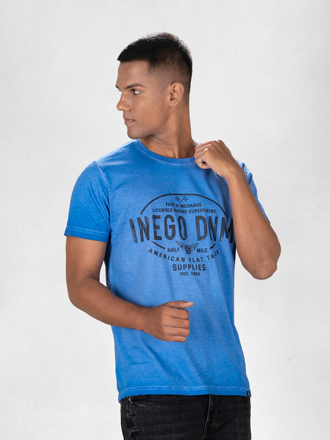 Inego Men Cold Pigment Dyed T Shirt Half Sleeve Hd Print Round Neck 100% Cotton Regular Fit (Black Sand, Imperial Blue, Midnight Navy, Mineral Yellow, Spice Red) Inego #color_Blue