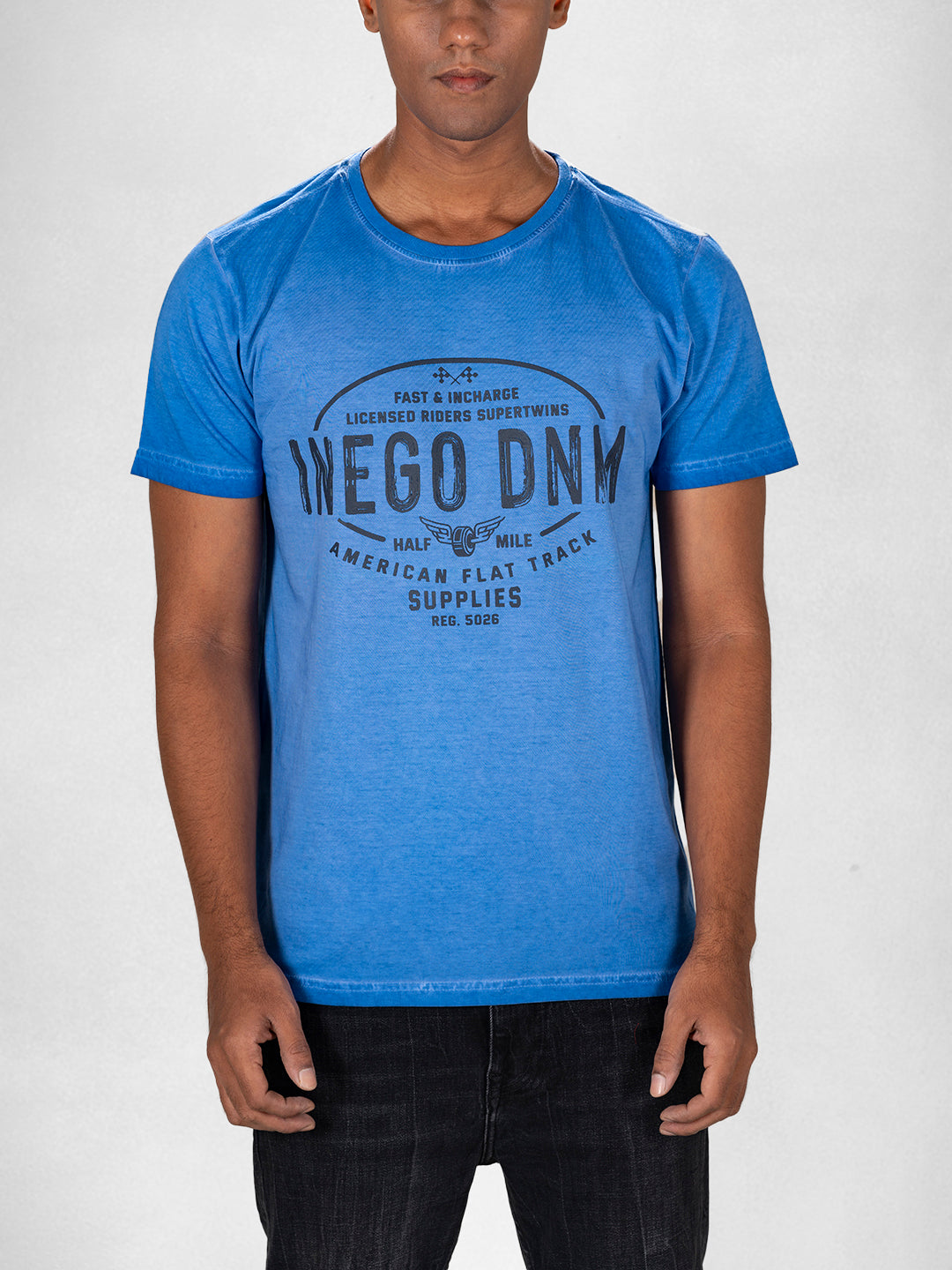 Inego Men Cold Pigment Dyed T Shirt Half Sleeve Hd Print Round Neck 100% Cotton Regular Fit (Black Sand, Imperial Blue, Midnight Navy, Mineral Yellow, Spice Red) Inego #color_Blue