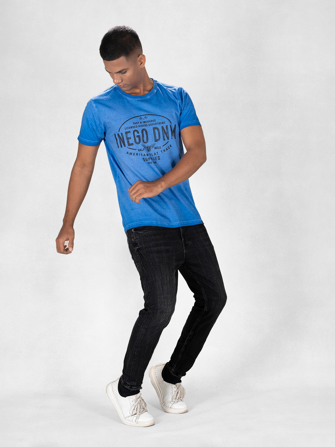 Inego Men Cold Pigment Dyed T Shirt Half Sleeve Hd Print Round Neck 100% Cotton Regular Fit (Black Sand, Imperial Blue, Midnight Navy, Mineral Yellow, Spice Red) Inego #color_Blue