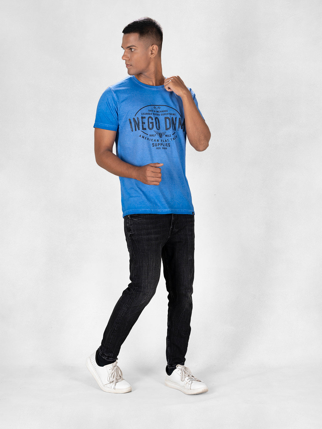 Inego Men Cold Pigment Dyed T Shirt Half Sleeve Hd Print Round Neck 100% Cotton Regular Fit (Black Sand, Imperial Blue, Midnight Navy, Mineral Yellow, Spice Red) Inego #color_Blue