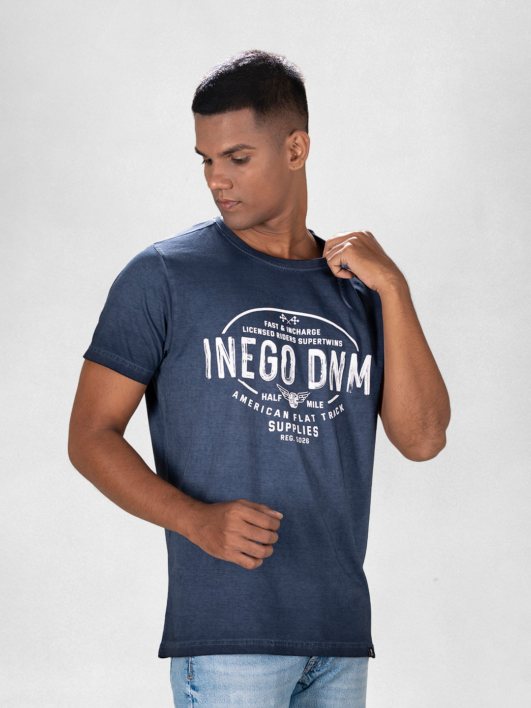 Inego Men Cold Pigment Dyed T Shirt Half Sleeve Hd Print Round Neck 100% Cotton Regular Fit (Black Sand, Imperial Blue, Midnight Navy, Mineral Yellow, Spice Red) Inego #color_Navy