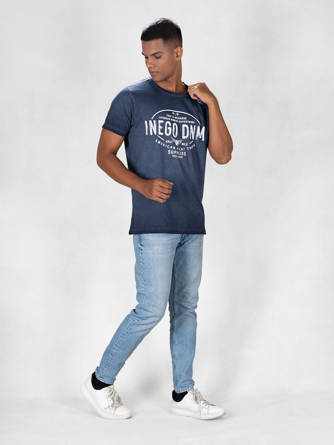 Inego Men Cold Pigment Dyed T Shirt Half Sleeve Hd Print Round Neck 100% Cotton Regular Fit (Black Sand, Imperial Blue, Midnight Navy, Mineral Yellow, Spice Red) Inego #color_Navy