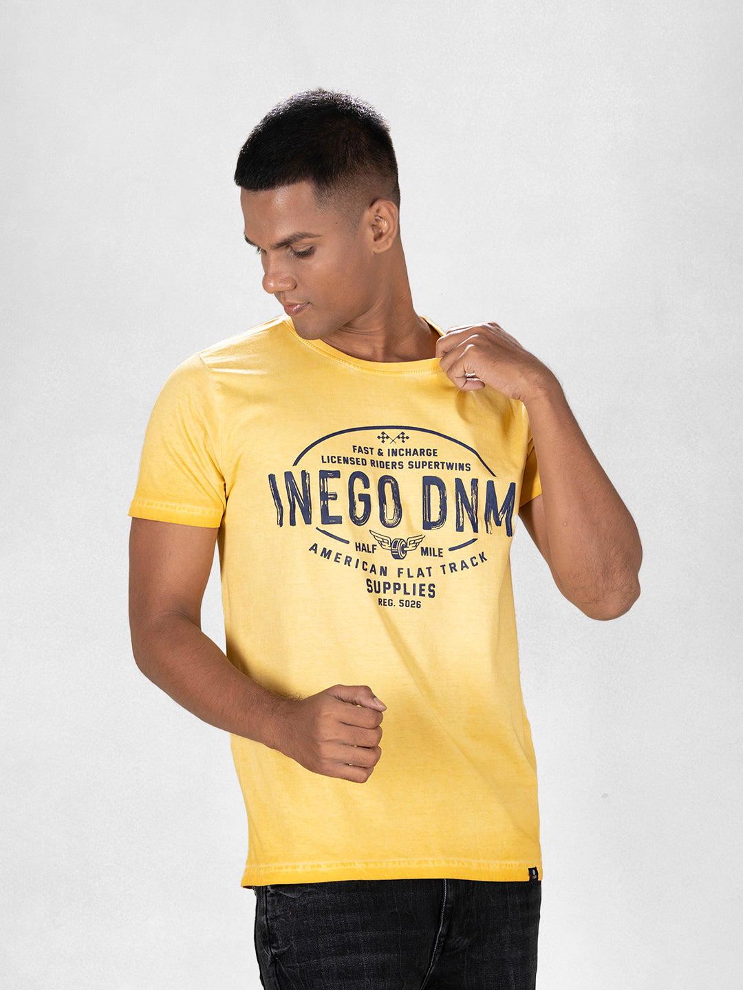 Inego Men Cold Pigment Dyed T Shirt Half Sleeve Hd Print Round Neck 100% Cotton Regular Fit (Black Sand, Imperial Blue, Midnight Navy, Mineral Yellow, Spice Red)