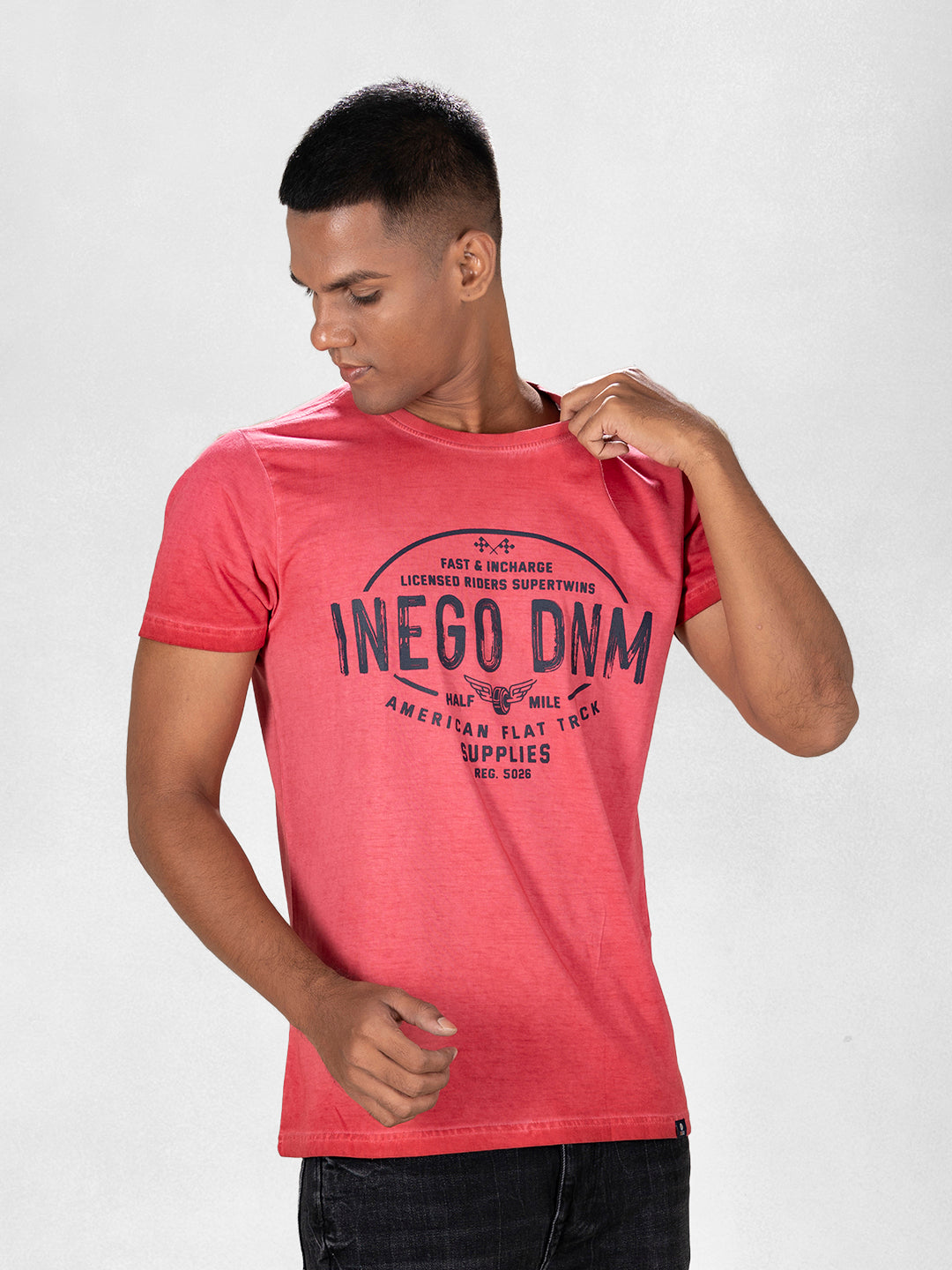 Inego Men Cold Pigment Dyed T Shirt Half Sleeve Hd Print Round Neck 100% Cotton Regular Fit (Black Sand, Imperial Blue, Midnight Navy, Mineral Yellow, Spice Red)
