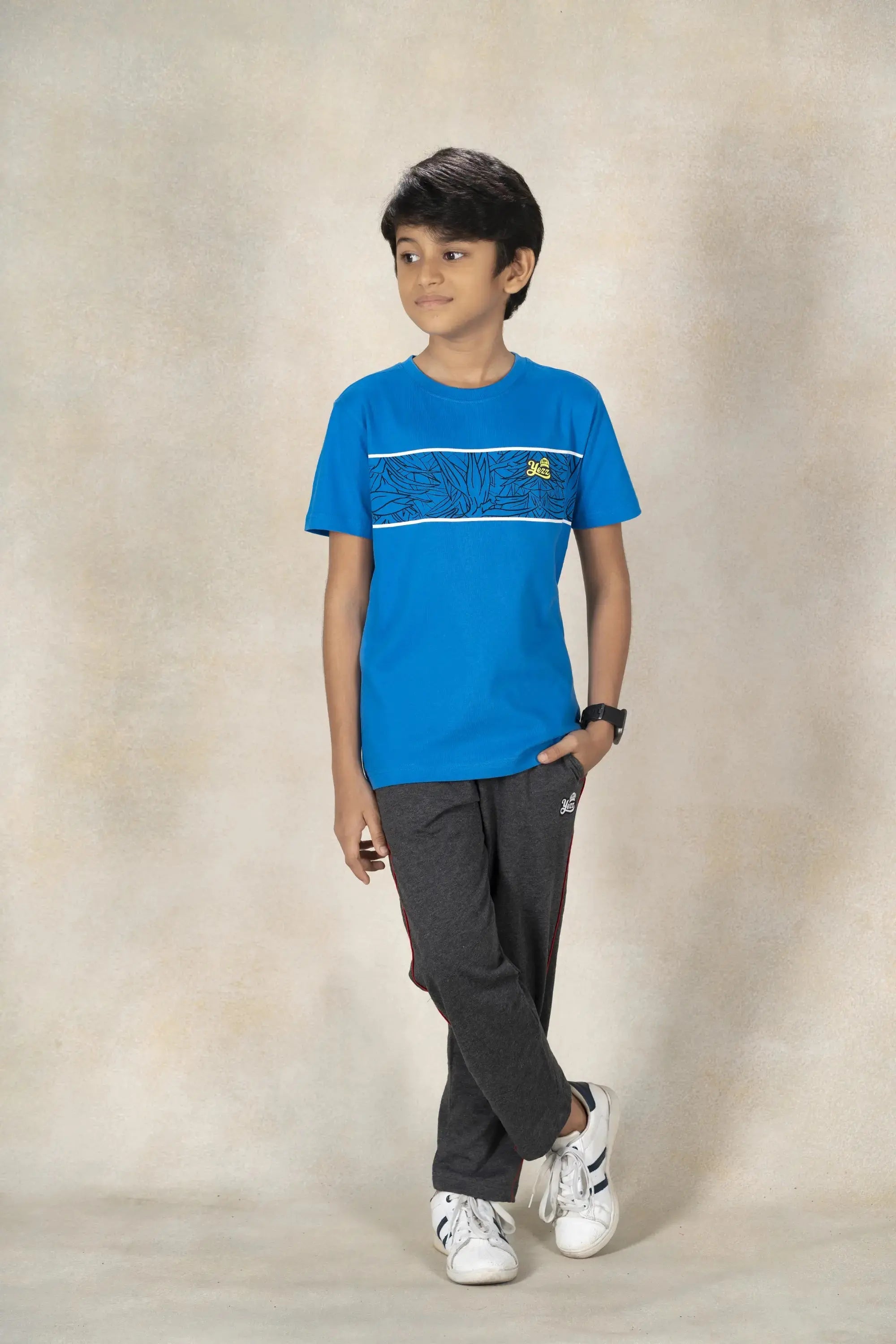 Boys Round Neck Cut and Sew T-Shirt MR YEZZ #color_Electric Blue