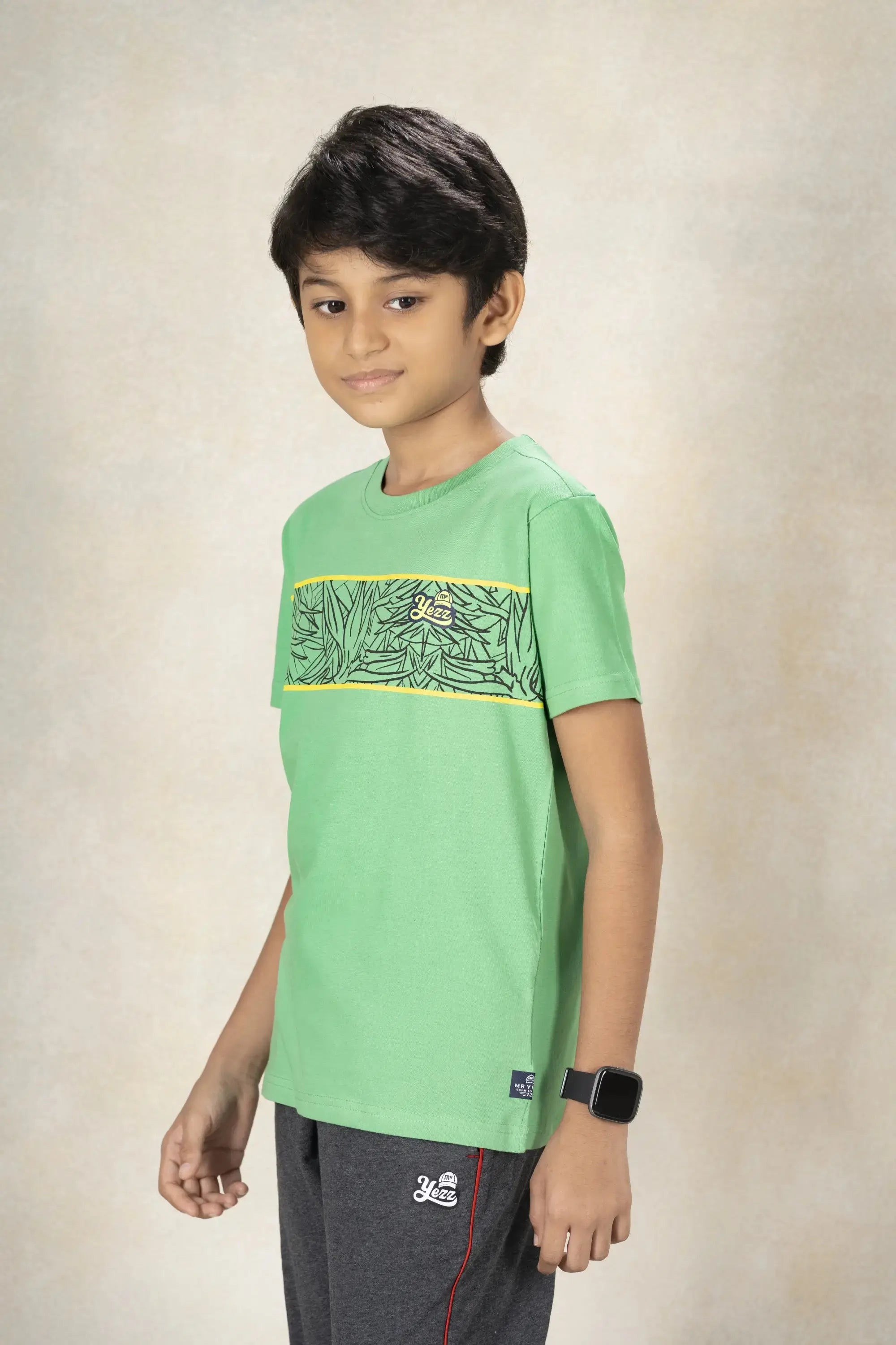 Boys Round Neck Cut and Sew T-Shirt MR YEZZ #color_Green Ivy