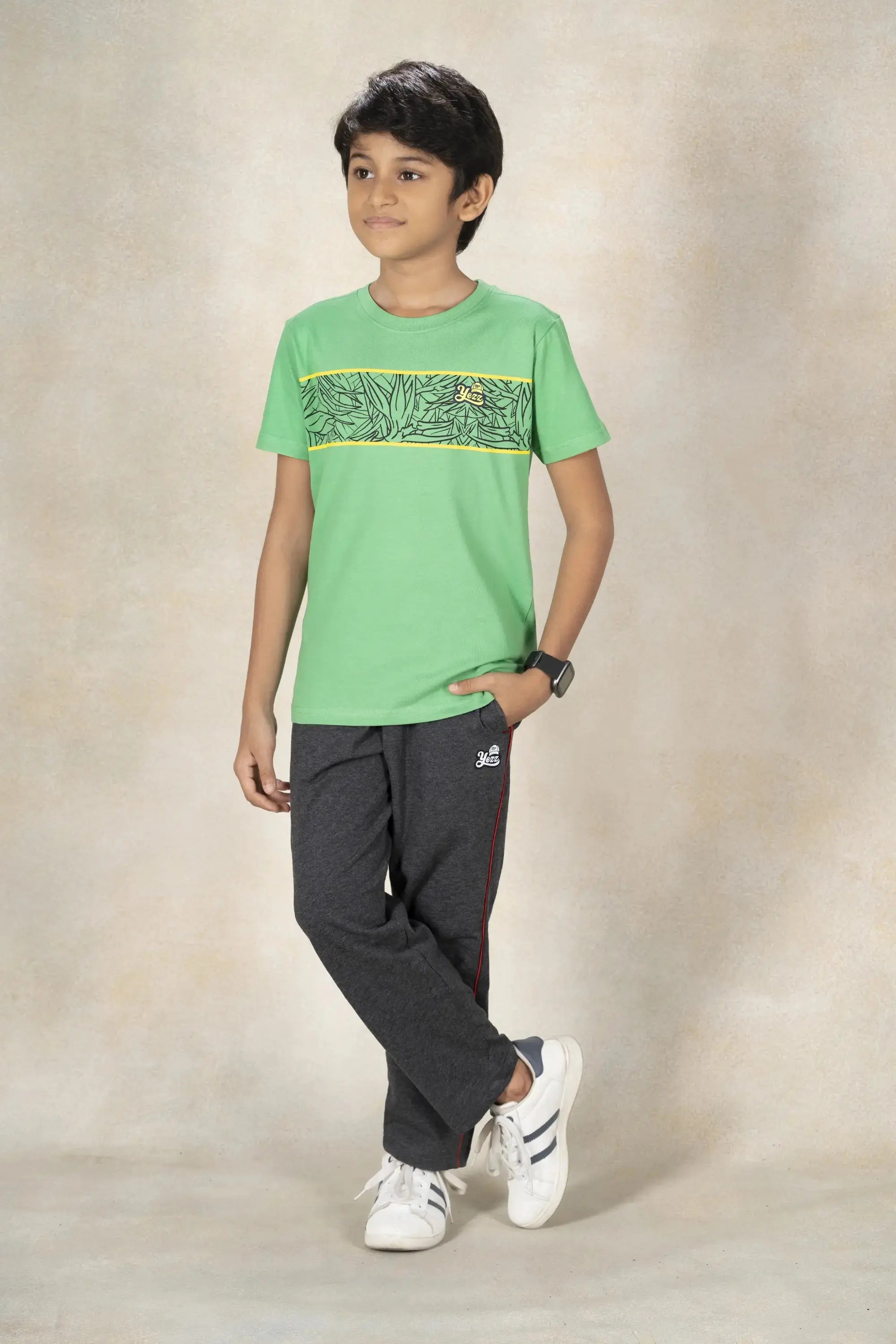 Boys Round Neck Cut and Sew T-Shirt MR YEZZ #color_Green Ivy