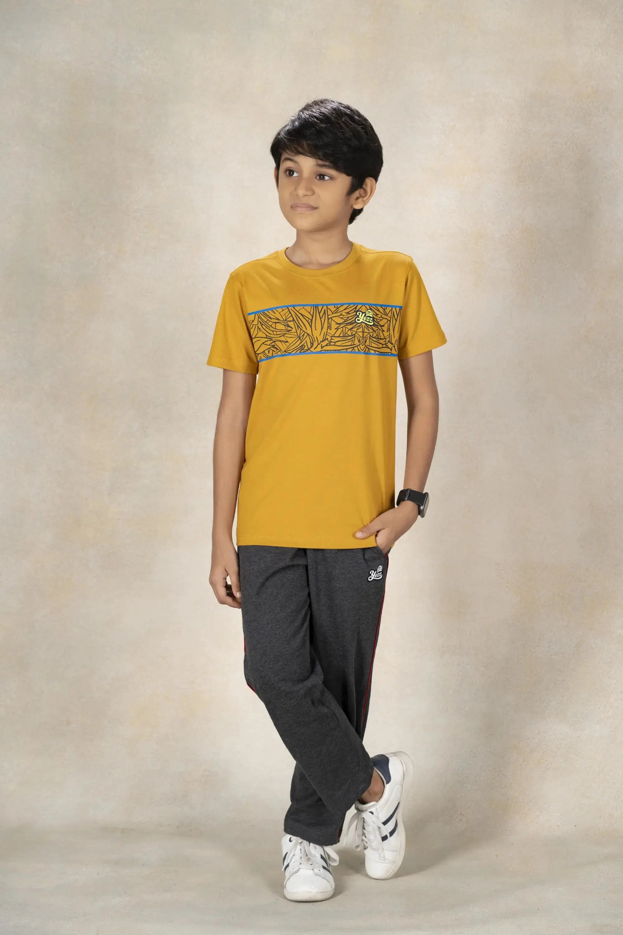 Boys Round Neck Cut and Sew T-Shirt MR YEZZ #color_Mineral Yellow