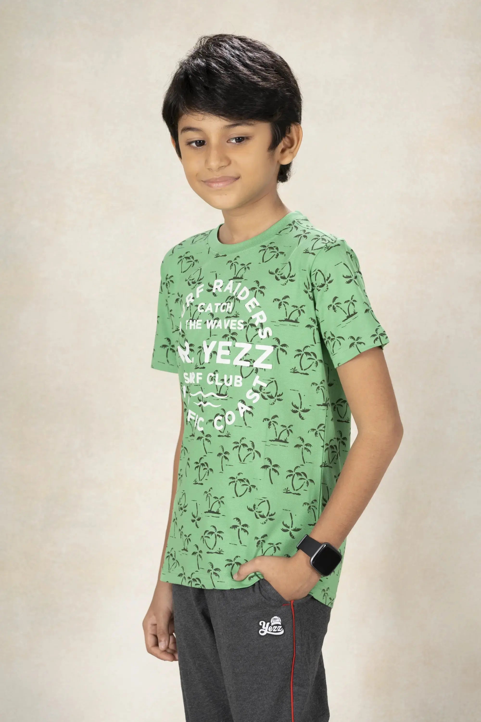 Boys Round Neck Printed T-Shirt MR YEZZ #color_Green Ivy