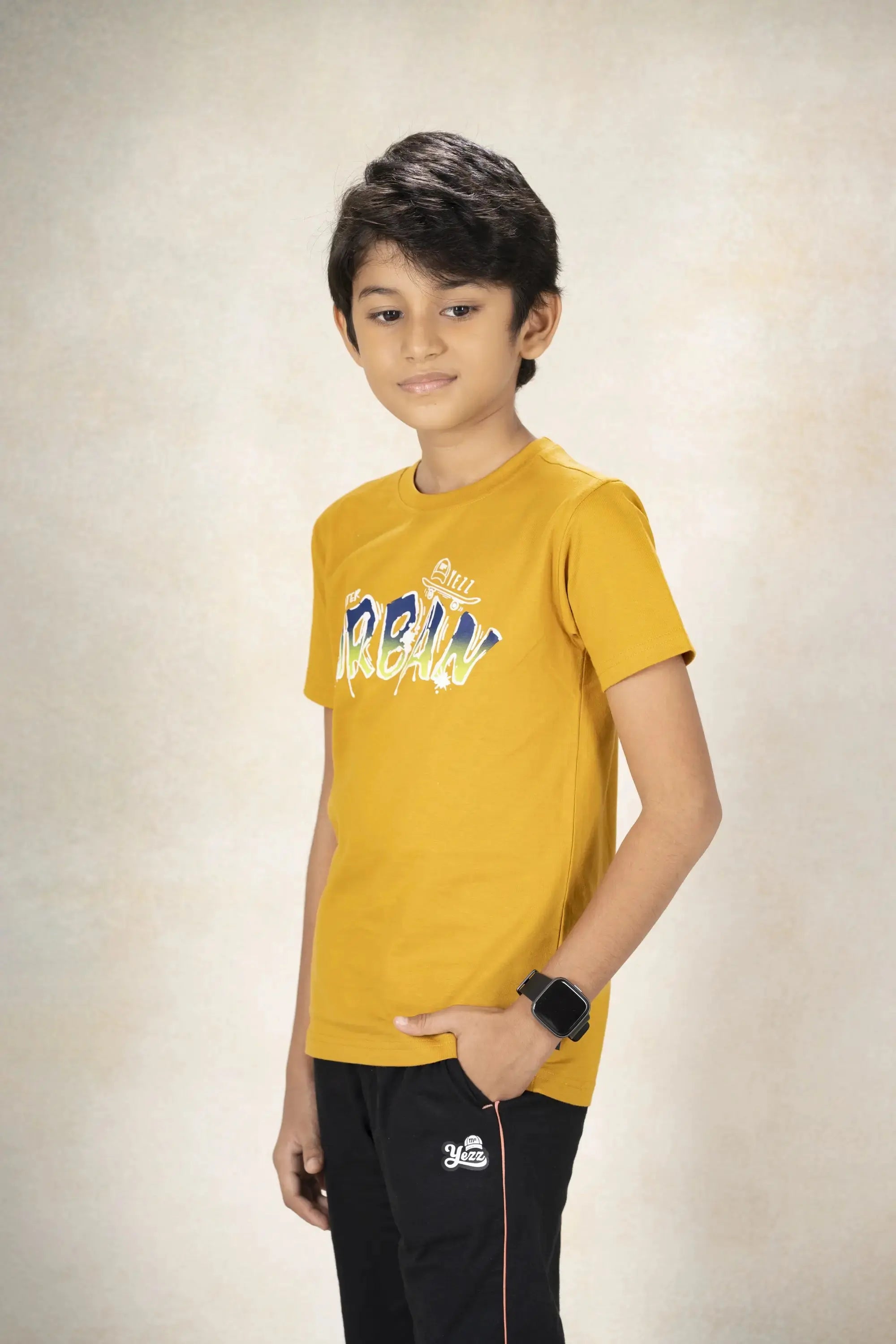 Boys Round Neck T-Shirt MR YEZZ #color_Mineral Yellow