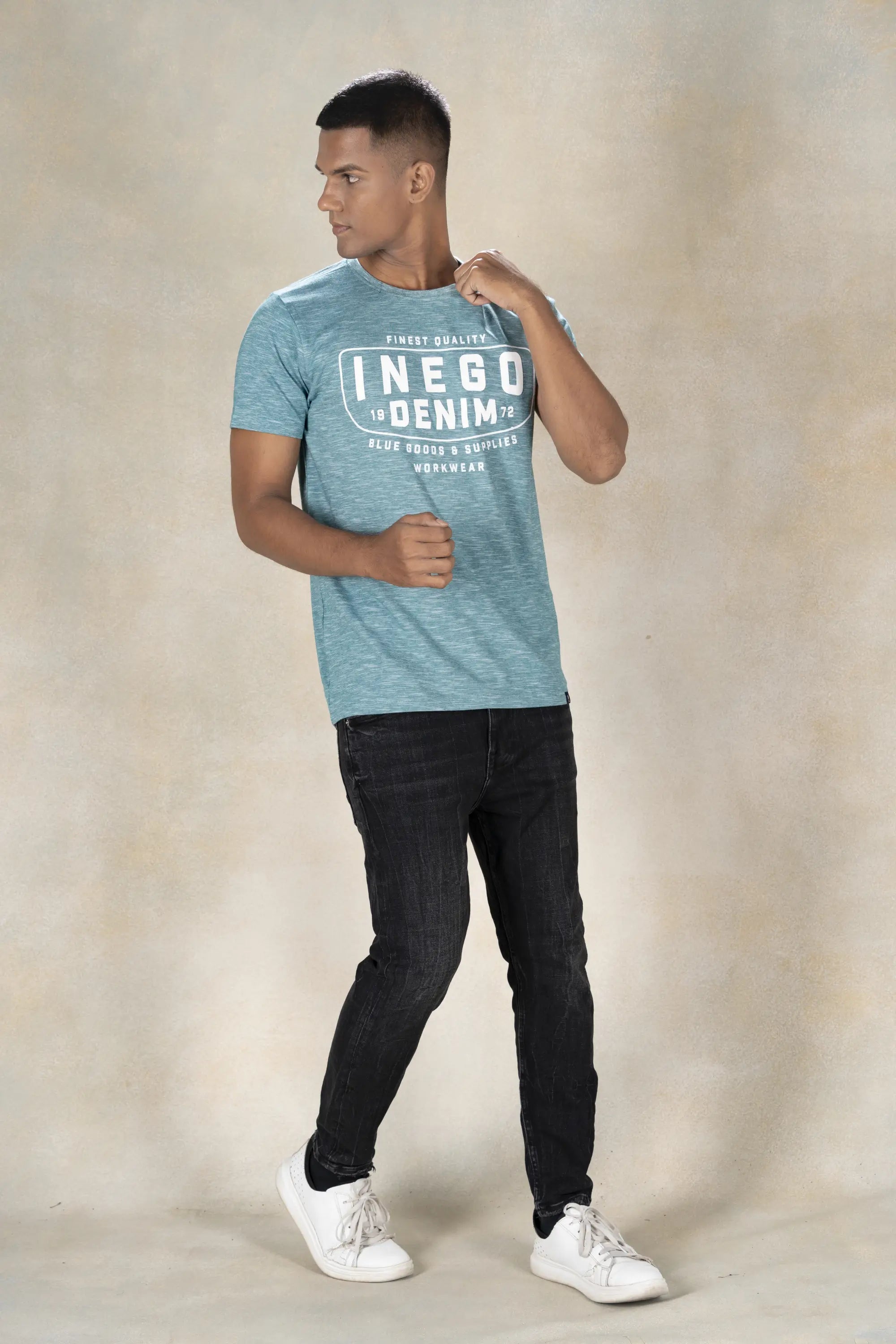 Mens Round Neck Yarn Dyed T-Shirt Inego #color_Green Coral