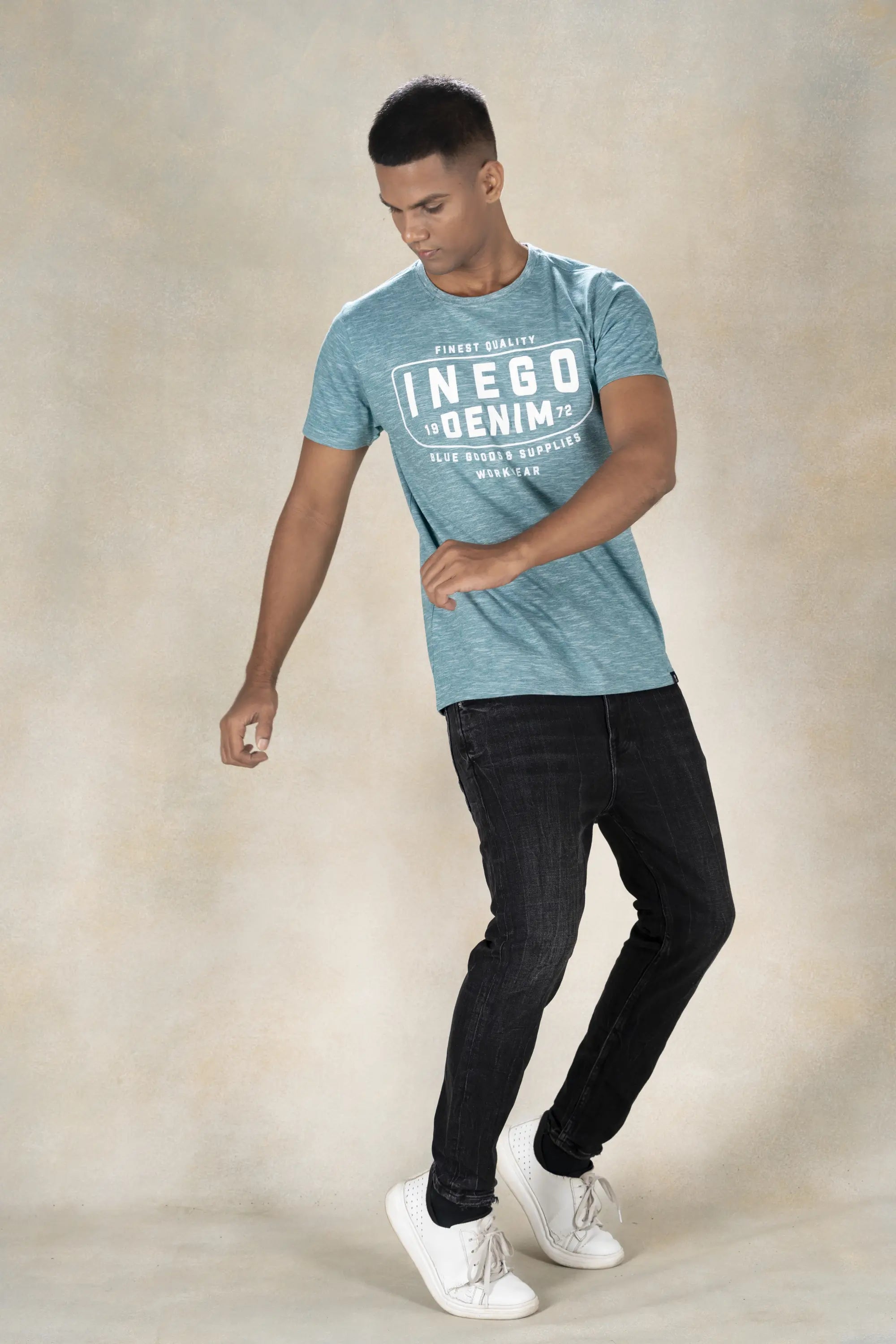 Mens Round Neck Yarn Dyed T-Shirt Inego #color_Green Coral