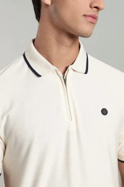 Men’s Premium Jacquard Polo T-Shirt with Metal Zipper & Contrast Tipping – Navy Blue & Seashell