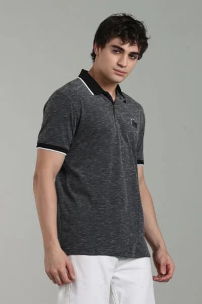 Men’s Luxury Slub Jacquard Polo T-Shirt with HD Chest Print & Contrast Tipping – Navy & Black