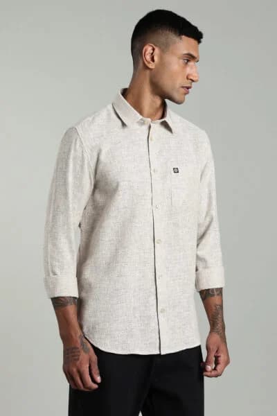 Men’s Premium Linen Long Sleeve Shirt with Logo Detail – Light & Dark Ecru