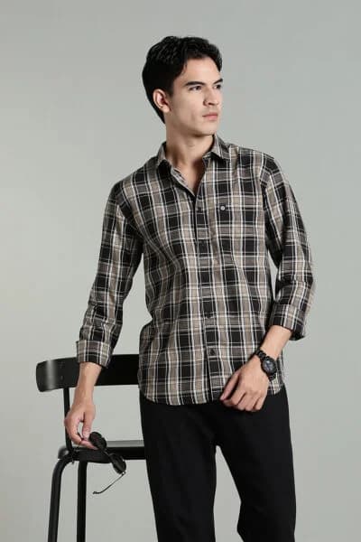 Men’s Cotton-Rich Checked Long Sleeve Shirt – Black & Beige