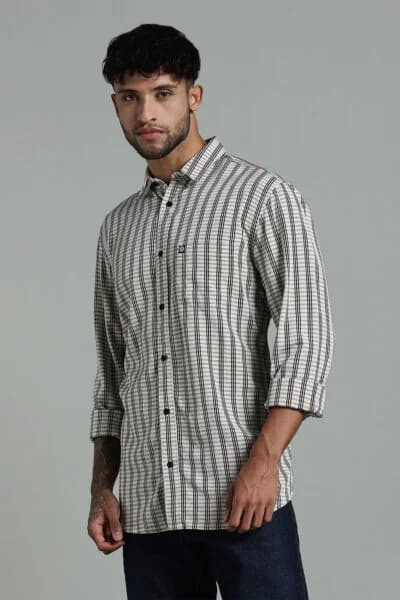 Men’s Cotton-Rayon Checked Long Sleeve Shirt with Logo Detail – Muted Beige
