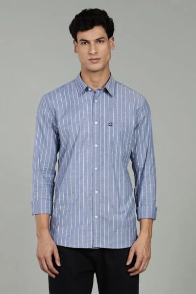 Men’s 100% Cotton Striped Long Sleeve Shirt – Navy Blue