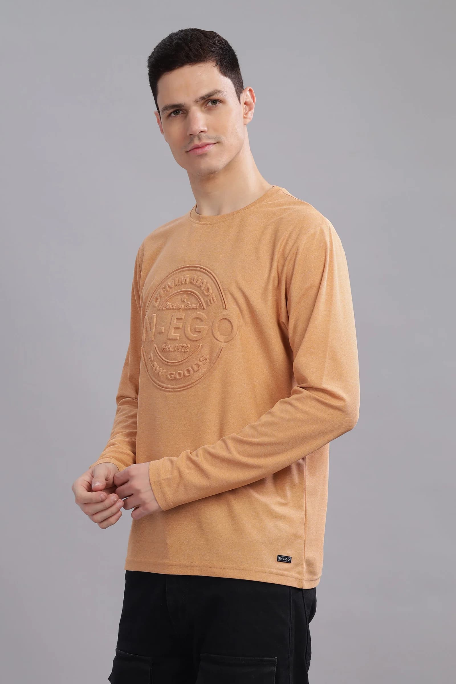 Men’s Melange Long Sleeve Tee with Embossed Chest Print – Multi-Colour Edition