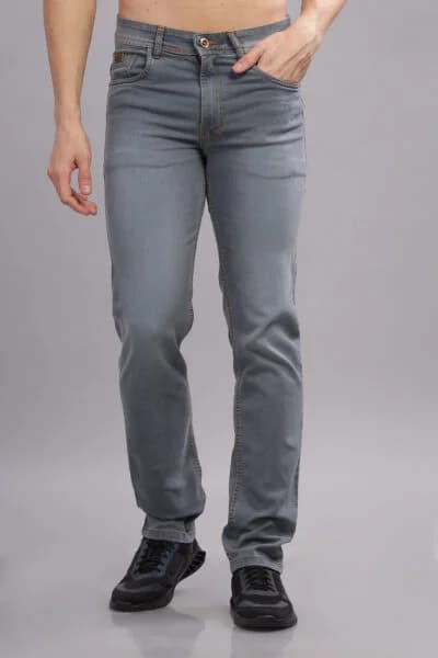Men’s Washed Grey Denim Pant with Leather Patch Detail